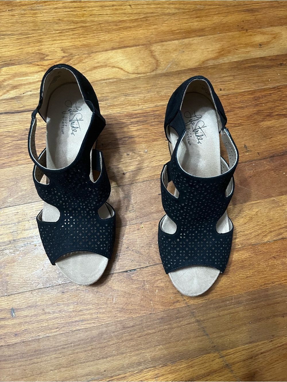 Life Stride Black Laser-Cut Open-Toe Heels